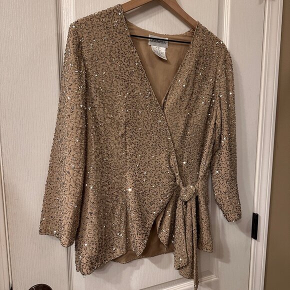 Chadwicks | Sz 12 All Over Sequin Beaded Champagne Wrap Jacket Shell  Evening - Picture 9 of 10